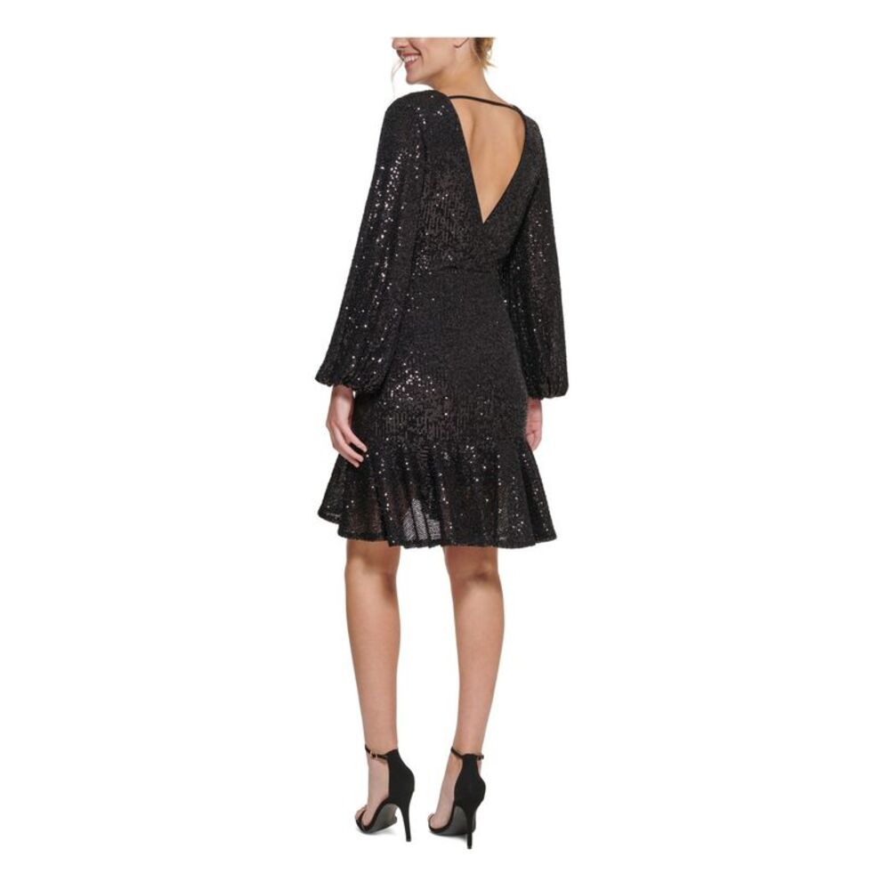 ELIZA J Womens Black Long Sleeve Above The Knee Party Faux Wrap Dress 4 - Picture 2 of 4